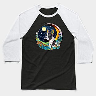 Boston Terrier Dog in Space Crescent Moon Planets Stars Cute Baseball T-Shirt